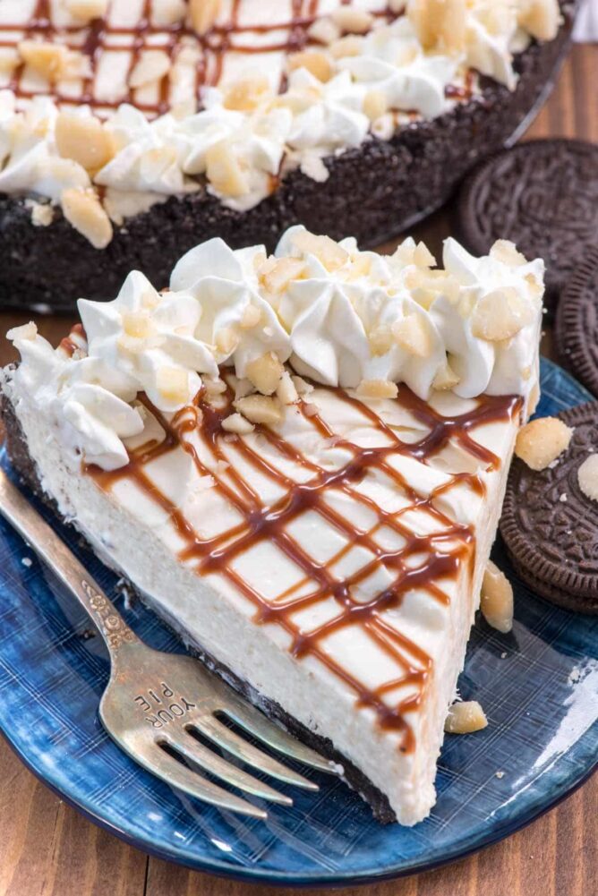 The PERFECT No Bake Cheesecake on blue plate with fork