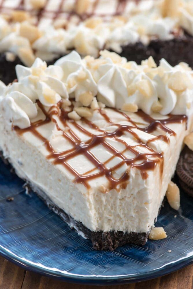 Chocolate Macadamia Nut Crust with bite missing on a no-bake cheesecake recipe!