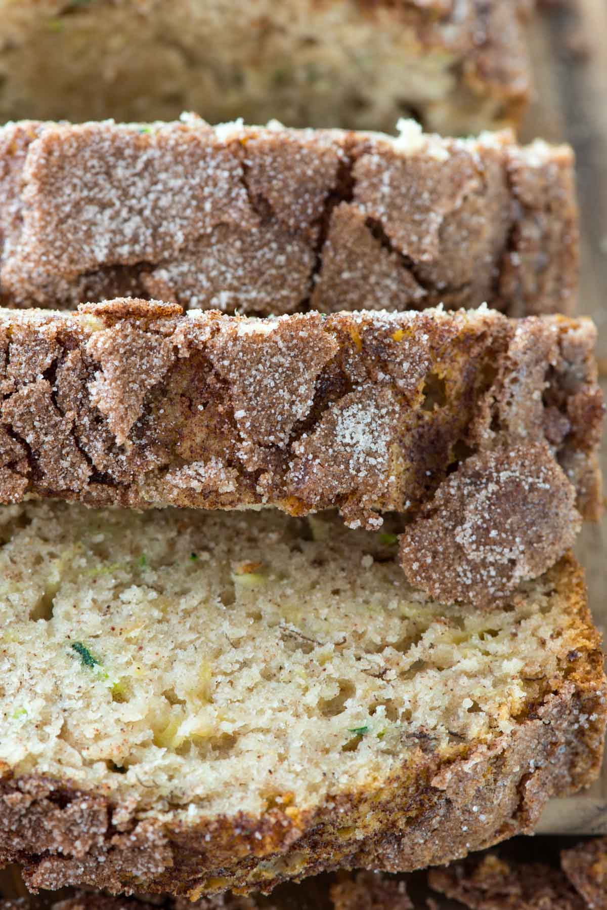 Cinnamon Sugar Zucchini Banana Bread close up sliced