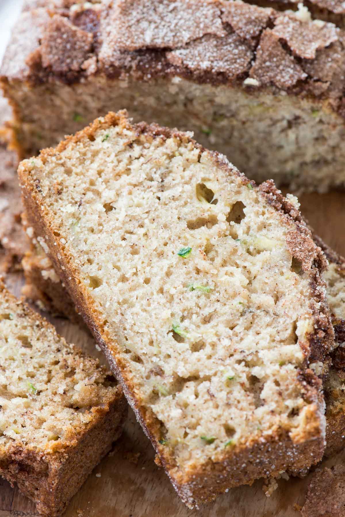 Cinnamon Sugar Zucchini Banana Bread overhead shot of slice