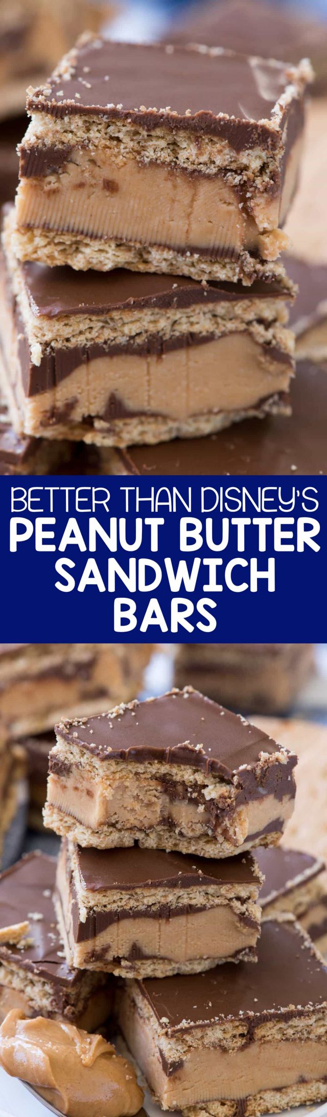 Disneyland Peanut Butter Sandwich Bars - this no bake bar cookie is better than the Disneyland Peanut Butter Sandwich. Graham crackers sandwiched with a thick peanut butter layer and lots of chocolate!