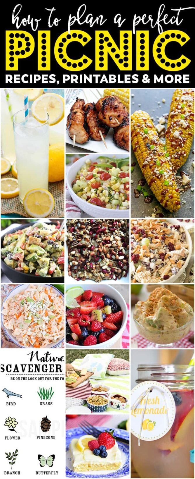 Collage of The BEST Summer Picnic recipes, ideas, printables, and more!