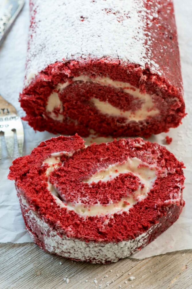 Red Velvet Cake Roll closeup of slice