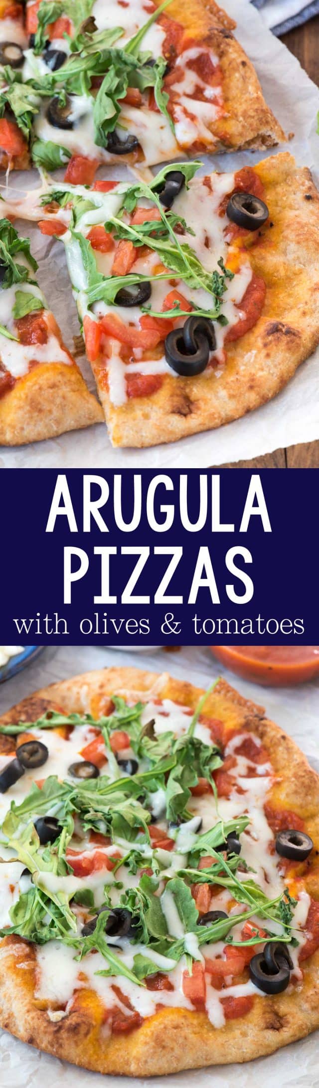 Arugula Pizzas - such an easy dinner recipe! Use mini pizza dough or naan for an easy weeknight meal everyone loves - with a little bit of greens!!