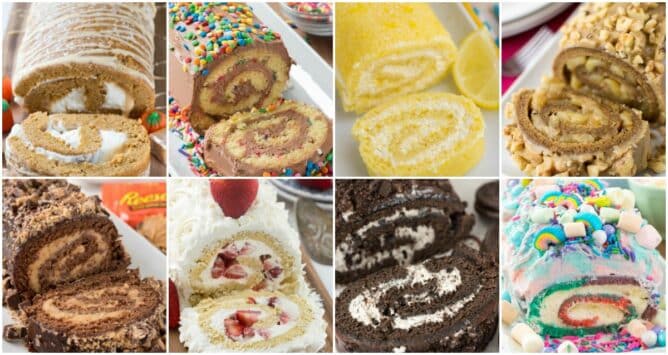 collage of 8 cake roll recipes photos