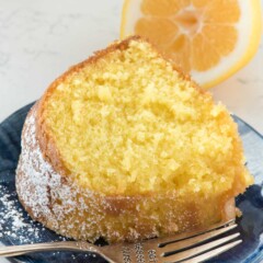 slice of lemon butter cake on blue plate