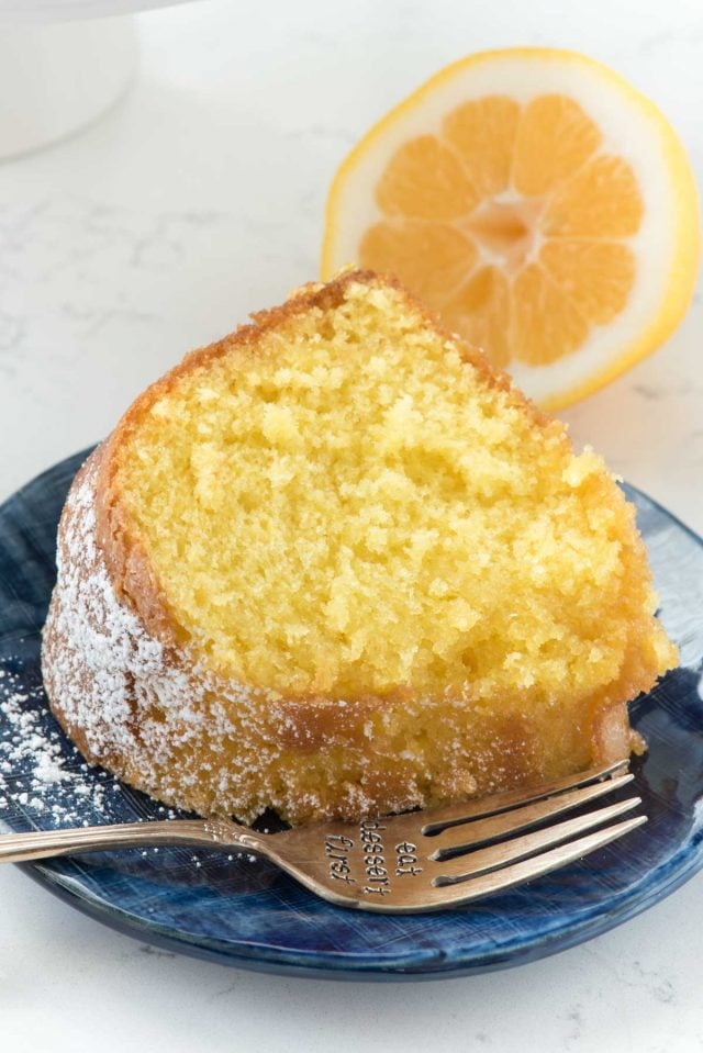 lemon cake slice on blue plate