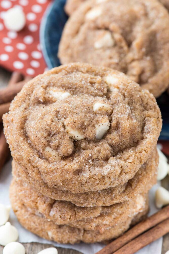 Pumpkin White Chocolate Snickerdoodles in a stack on parchment paper