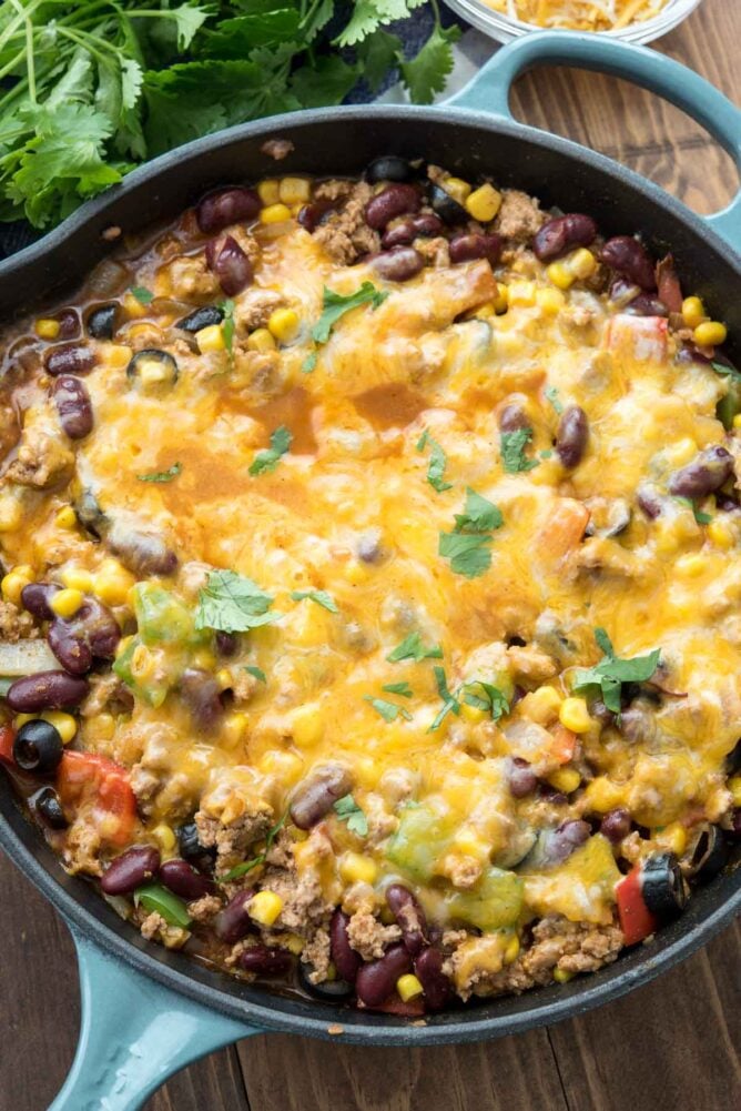 Skillet taco casserole in a blue skillet