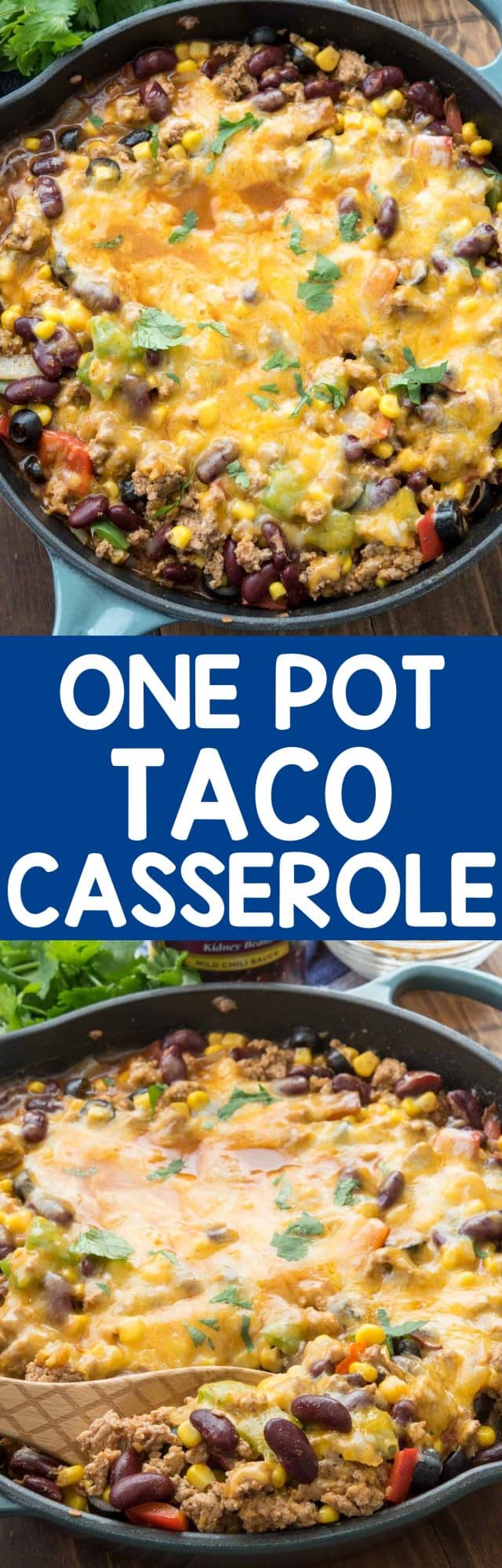 One Pot Taco Casserole is an easy weeknight meal! It's the perfect amount of spicy with ground turkey, chili beans, taco seasoning, and lots of cheese! We loved this meal and we ate it for leftovers with chips as a dip.