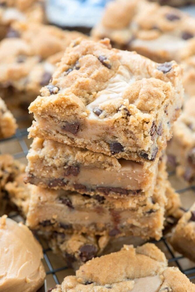 stack of gooey peanut butter chocolate chip cookie bars