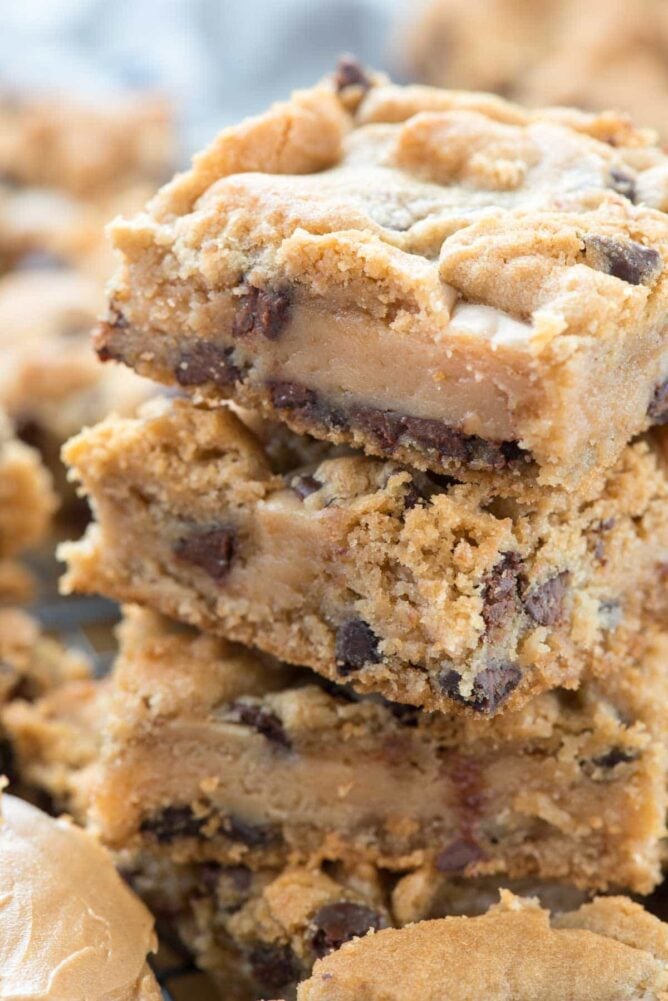 Gooey Peanut Butter Chocolate Chip Cookie Bars in a stack