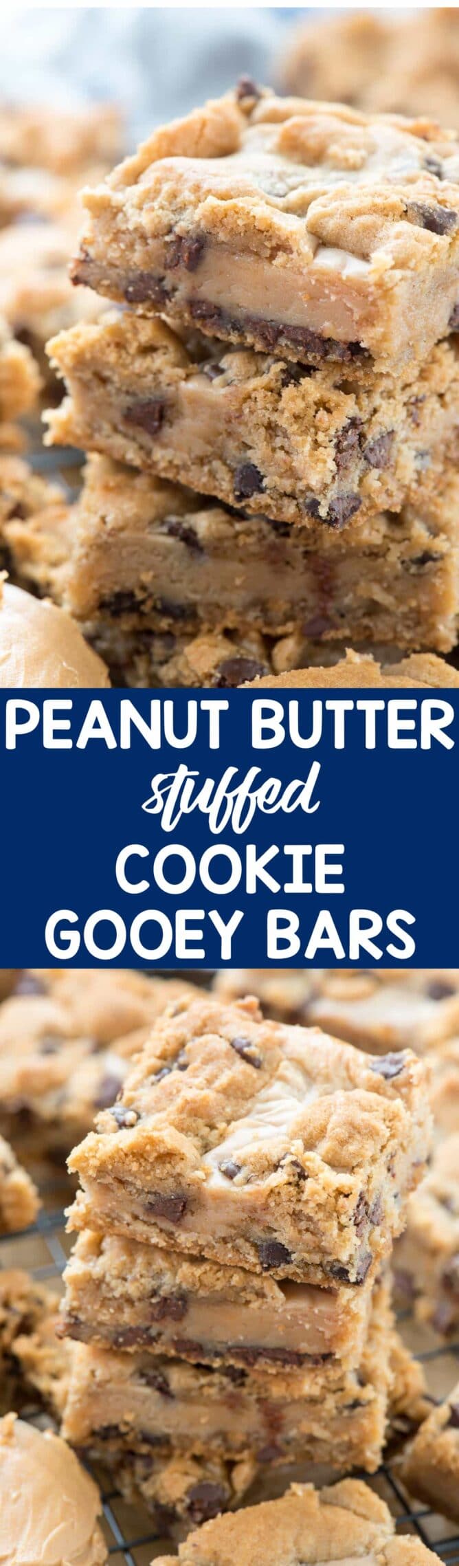 collage of Gooey Peanut Butter Chocolate Chip Cookie Bars photos