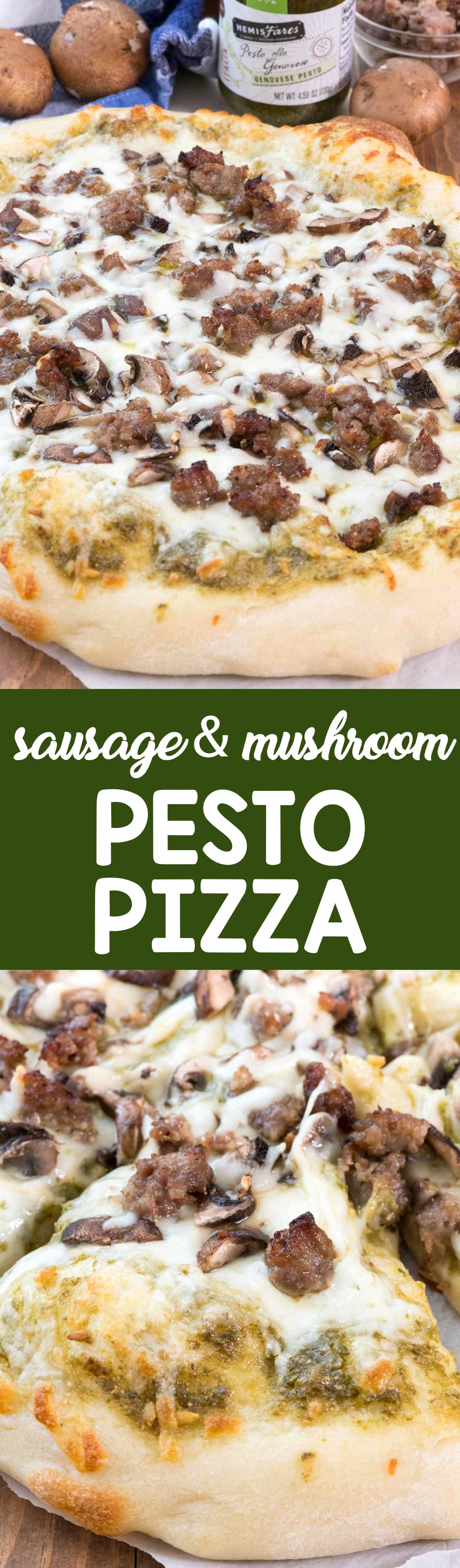 Mushroom Sausage Pesto Pizza - everyone loves pizza night! This easy dinner recipe uses PESTO instead of tomato sauce and we couldn't get enough of it, especially when it's covered with cheese, sausage, and mushrooms!