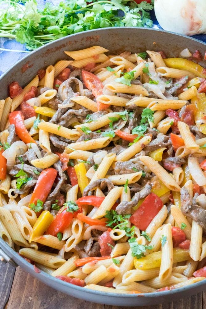 Steak Fajita Pasta in a large skillet