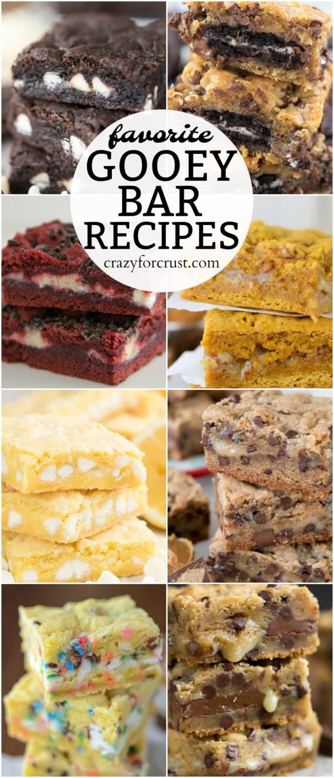 collage of A list of my FAVORITE Gooey Bar Recipes - this list has everything from cake mix gooey bars to cookie gooey bars and every flavor in between.