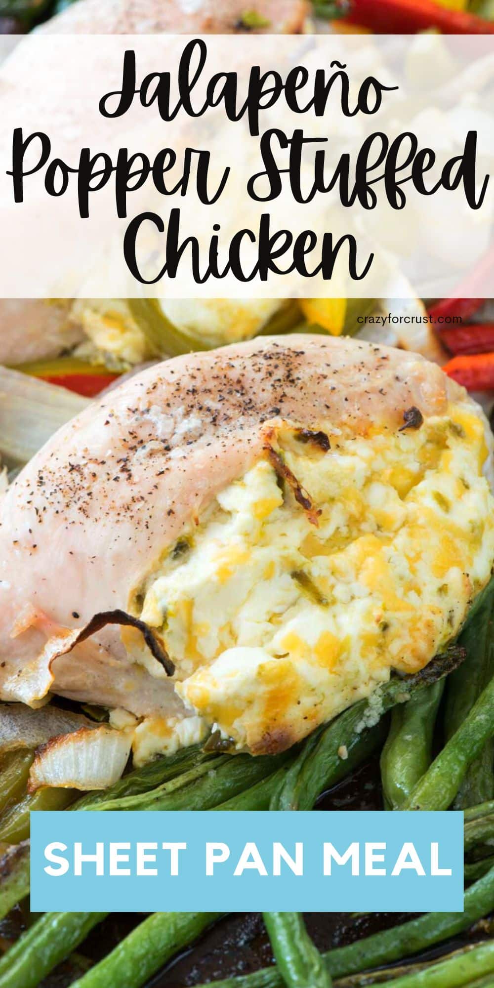 chicken stuffed with cheese with green beans in front of it and words on photo