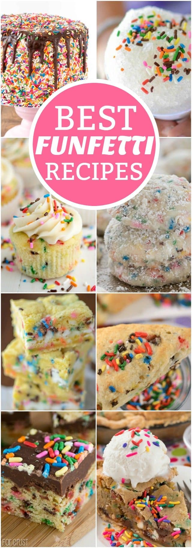 8 picture collage of funfetti recipes with graphic title.
