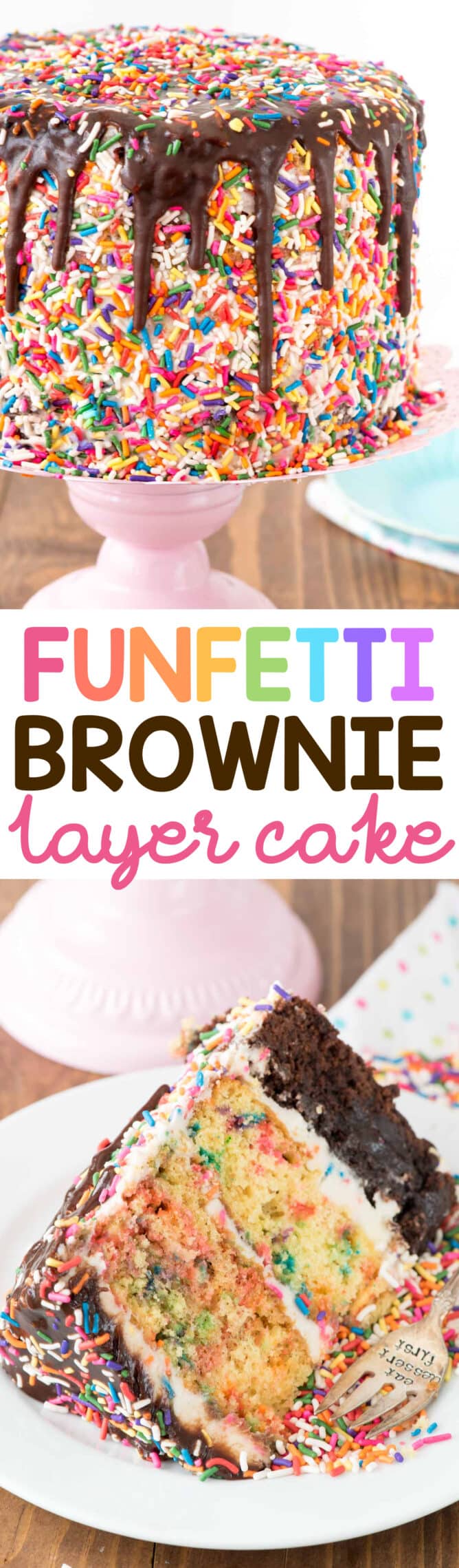 Collage of Funfetti Brownie Layer Cake