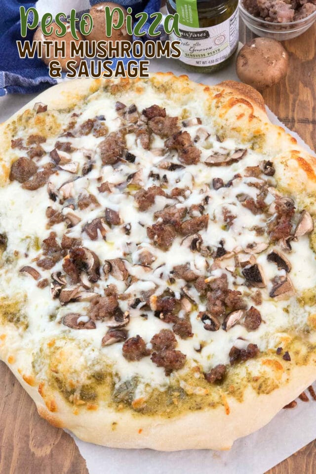 pesto pizza with mushrooms and sausage