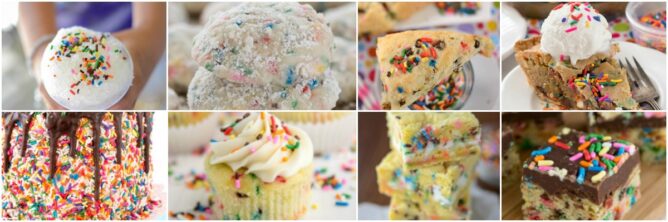 8 pic collage of desserts with funfetti