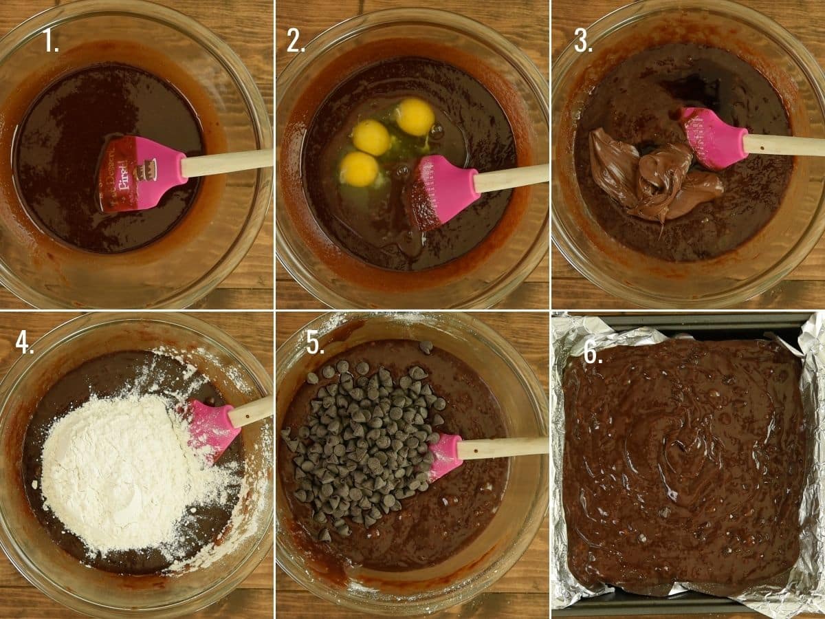 6 photos showing how to make nutella brownies
