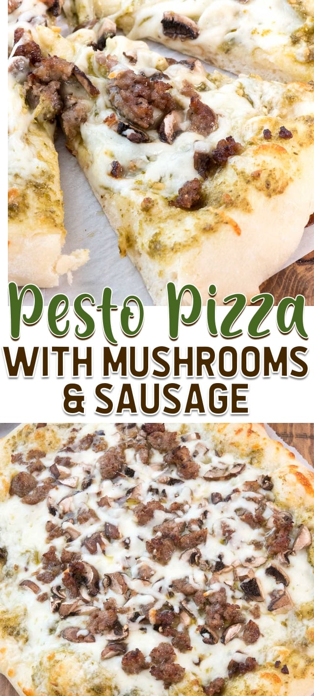 pesto pizza with mushrooms and sausage