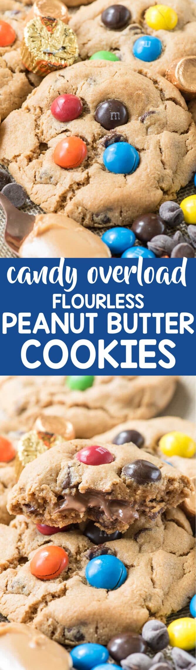 Two picture collage of candy overload flourless peanut butter cookies with title