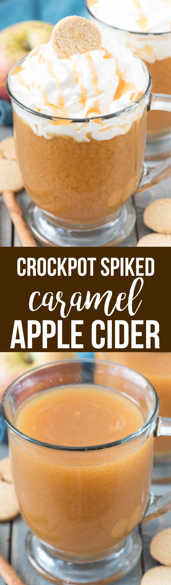 Spiked Crockpot Caramel Apple Cider - Make caramel apple cider in the slow cooker for a warm drink that is perfect for a crowd. Then spike it with vanilla vodka for the adults! This is everyone's favorite fall cocktail recipe.
