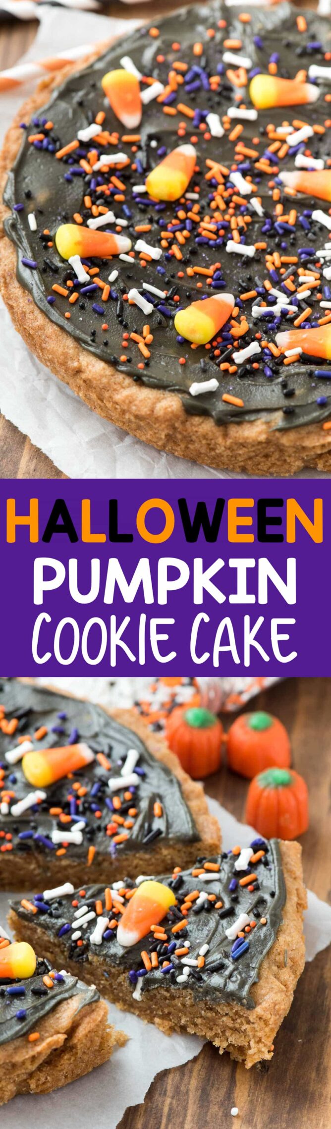 Two pic collage of Halloween Pumpkin Cookie Cake with graphics
