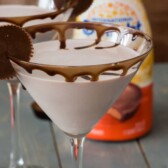 Easy Peanut Butter Cup Martini – just two ingredients and no fuss to your FAVORITE dessert martini ever!! Oh so sweet and chocolate, this is one of the best dessert cocktails I’ve ever had.