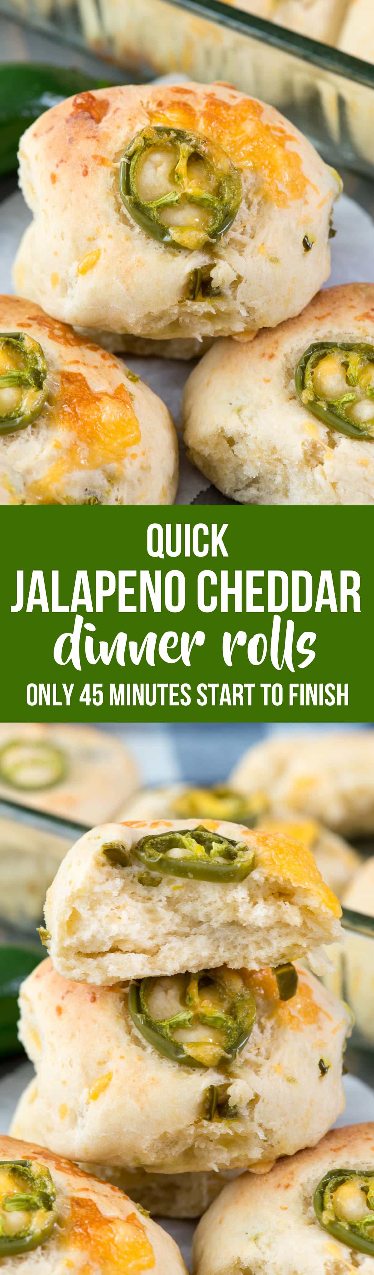 Quick Jalapeño Cheddar Rolls - this easy dinner roll recipe is made in under 45 minutes! The rolls are full of jalapeños and cheddar cheese and are the perfect side dish. Homemade rolls are always better!