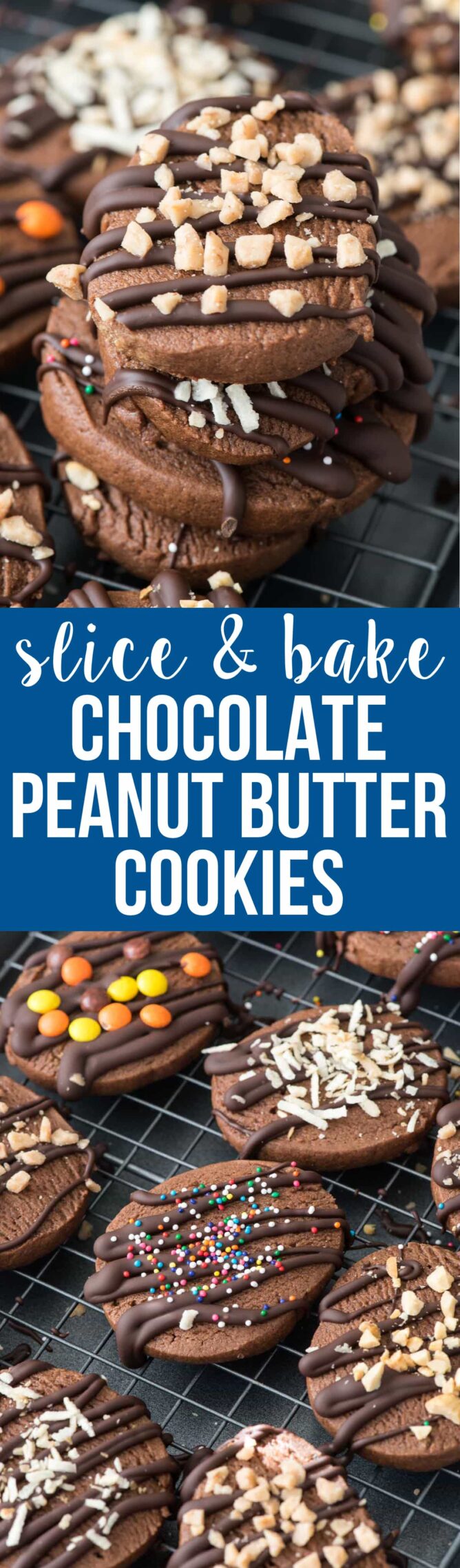 Slice and Bake Chocolate Peanut Butter Cookies - this easy slice and bake cookie recipe is full of chocolate and peanut butter! It's an easy cookie recipe for holiday plates!