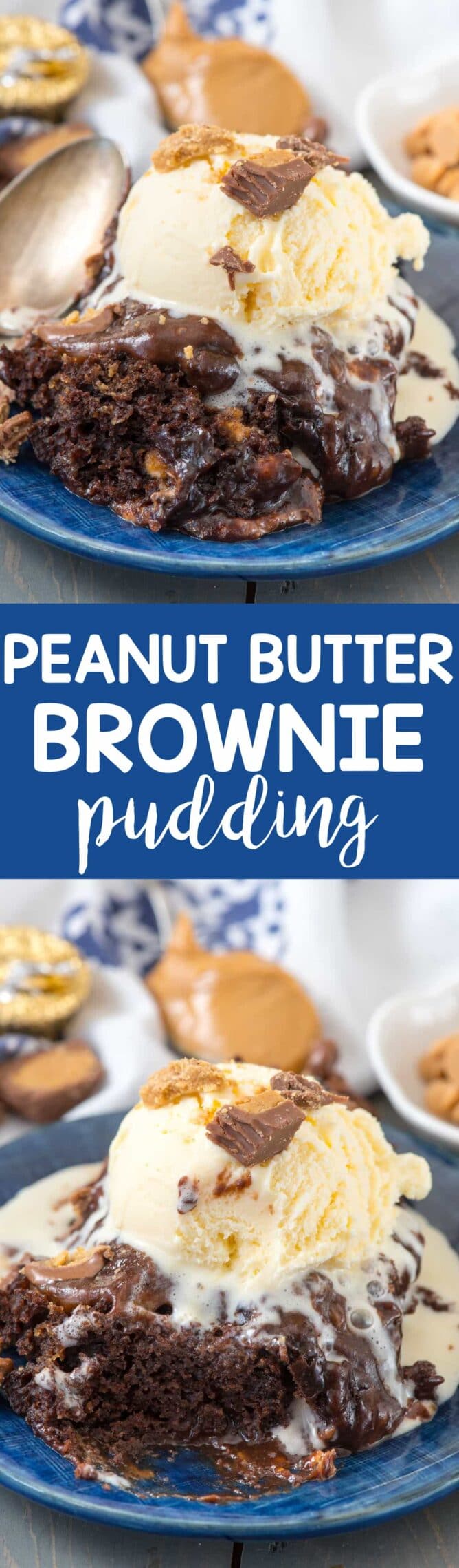 Two picture collage of Slow Cooker Peanut Butter Cup Brownie Pudding