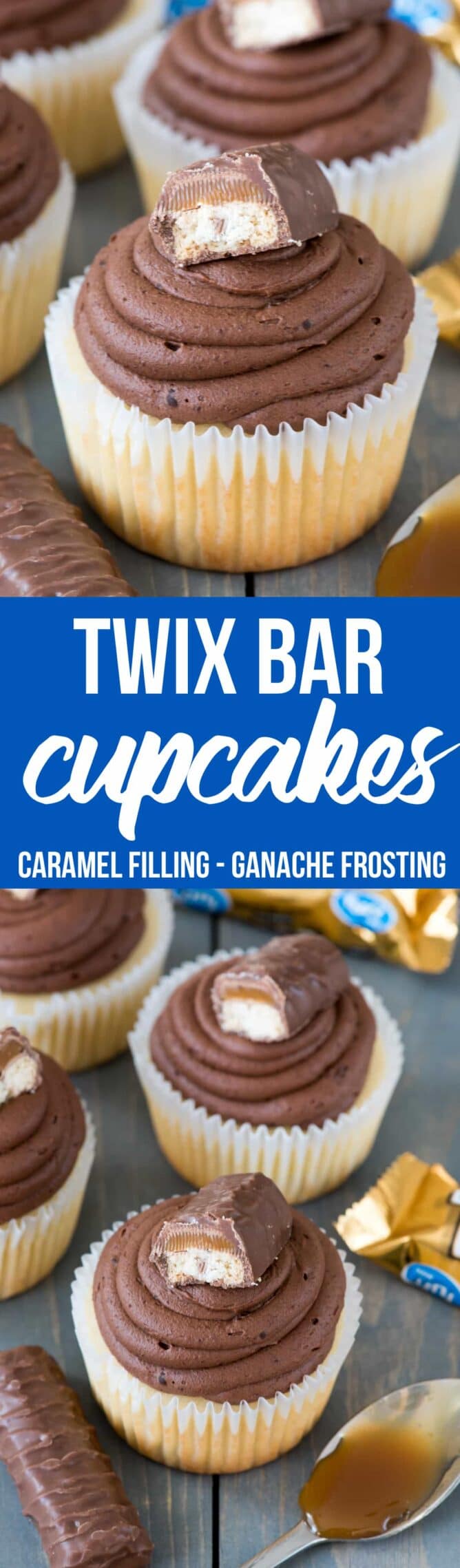 This easy cupcake recipe fills vanilla cupcakes with caramel and tops them with a chocolate ganache frosting like a Twix Candy Bar!