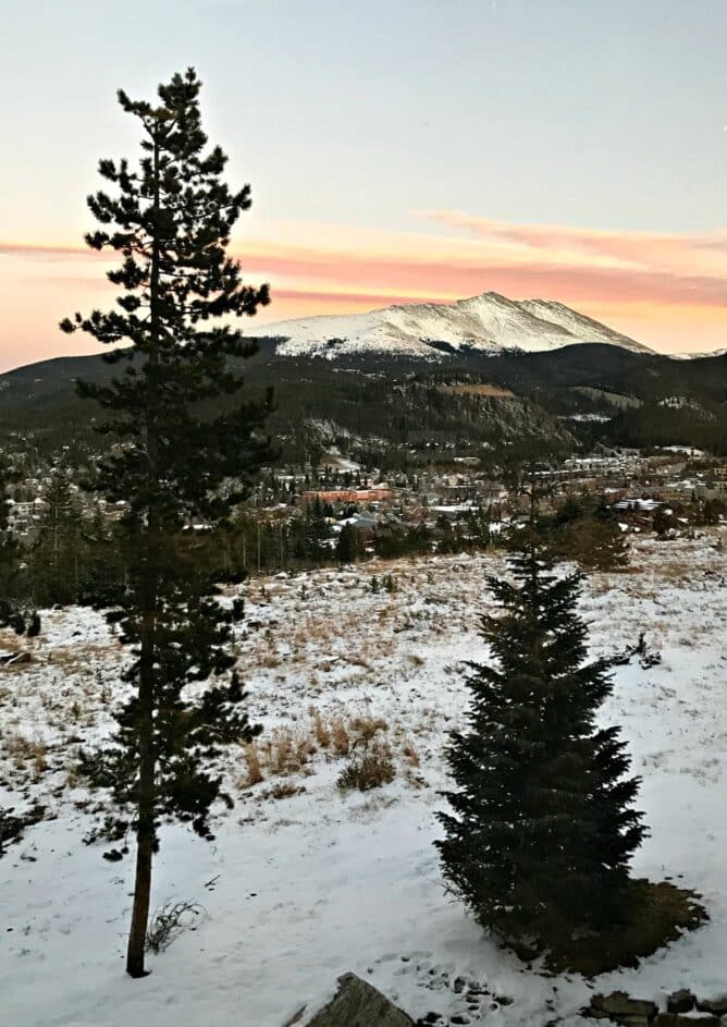 Snow on the ground, two pine trees and mountains in the background