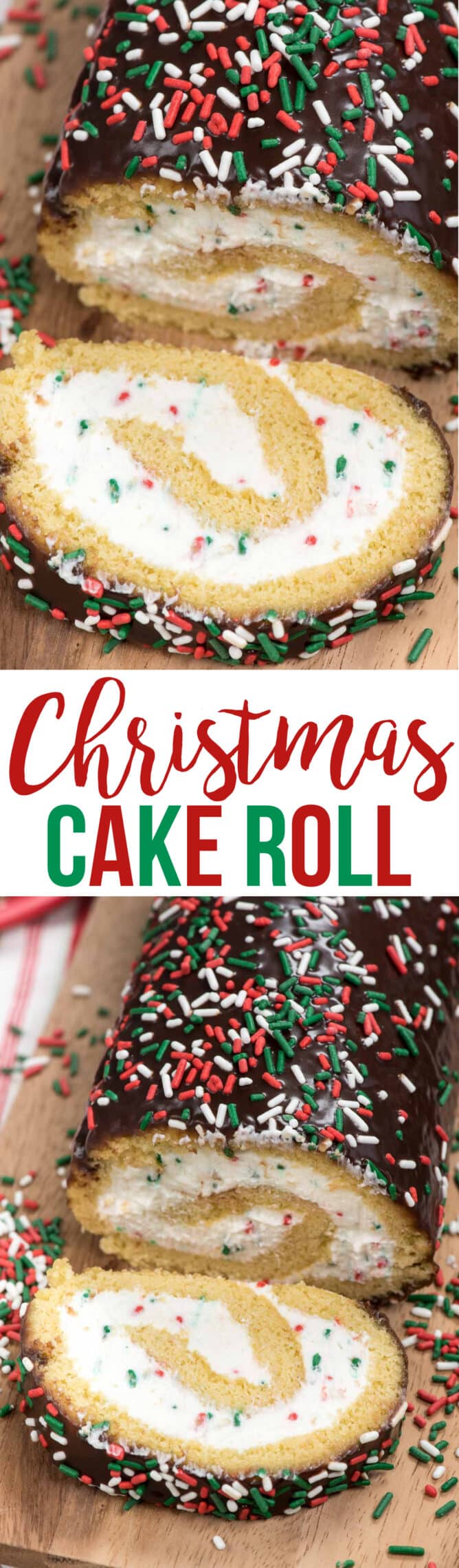 Make this Christmas Cake Roll for the perfect holiday dessert! A yellow cake roll filled with cream cheese whipped cream and sprinkles perfect for Christmas!