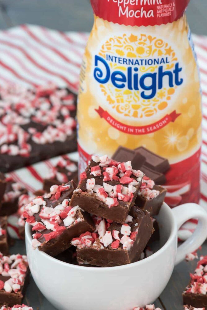 Peppermint mocha fudge in a white mug and a bottle of International delight creamer in the background