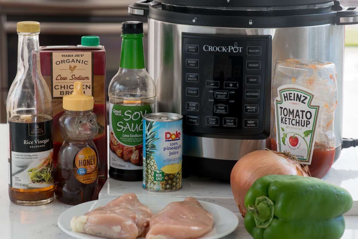 Ingredients to make shredded sweet and sour chicken in a pressure cooker