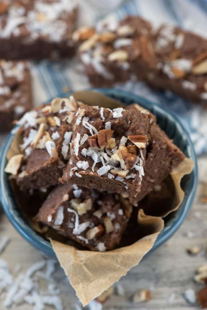 Coconut Pecan Fudge in a blue bowl 