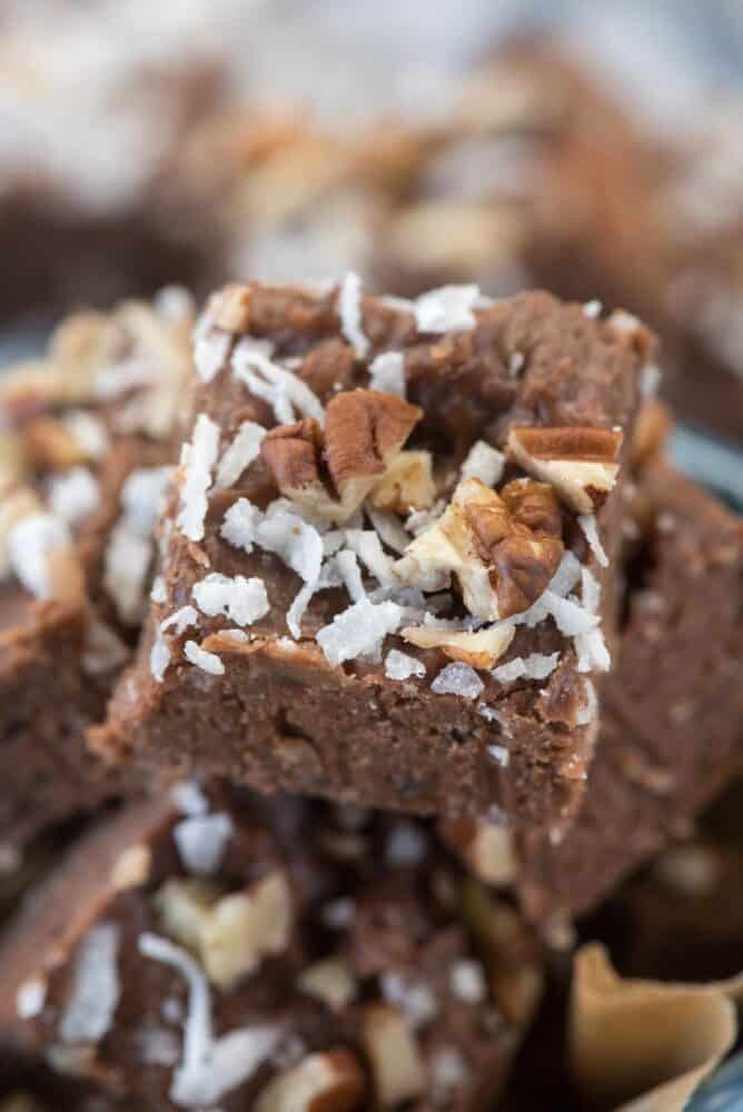 Easy Coconut Pecan Fudge stack close up shot