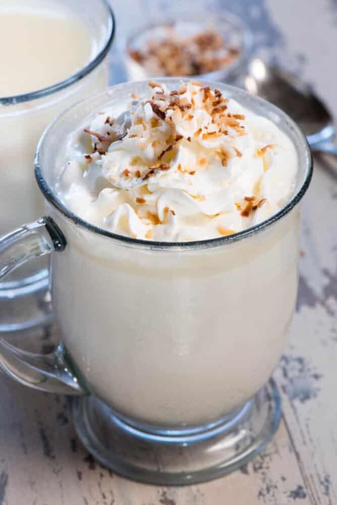 Spiked Coconut White Hot Chocolate with Coconut Rum and whipped cream!