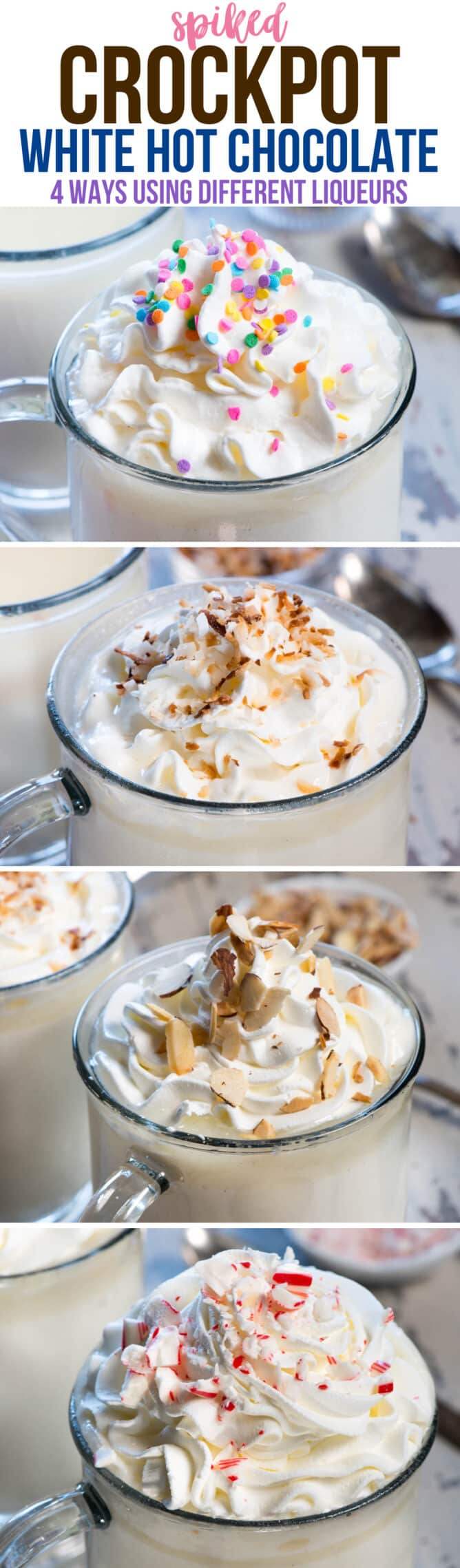 Spiked Crockpot White Hot Chocolate is made in the slow cooker with white chocolate, milk, and coffee creamer. Then it's SPIKED to make the perfect winter cocktail recipe. Birthday cake, amaretto, peppermint, rum, and more ideas for flavors!