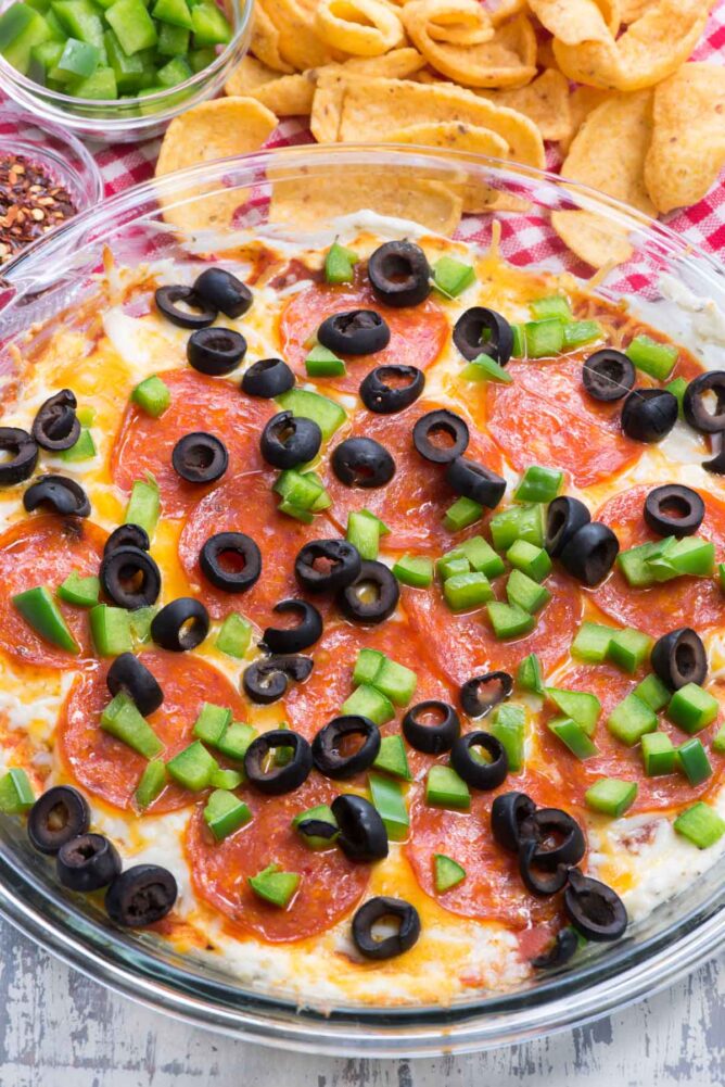 overhead view of pizza dip recipe