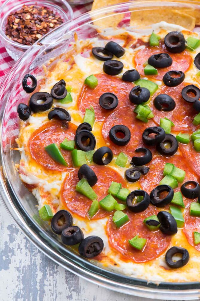 over head shot of 7 Layer Pizza Dip Recipe
