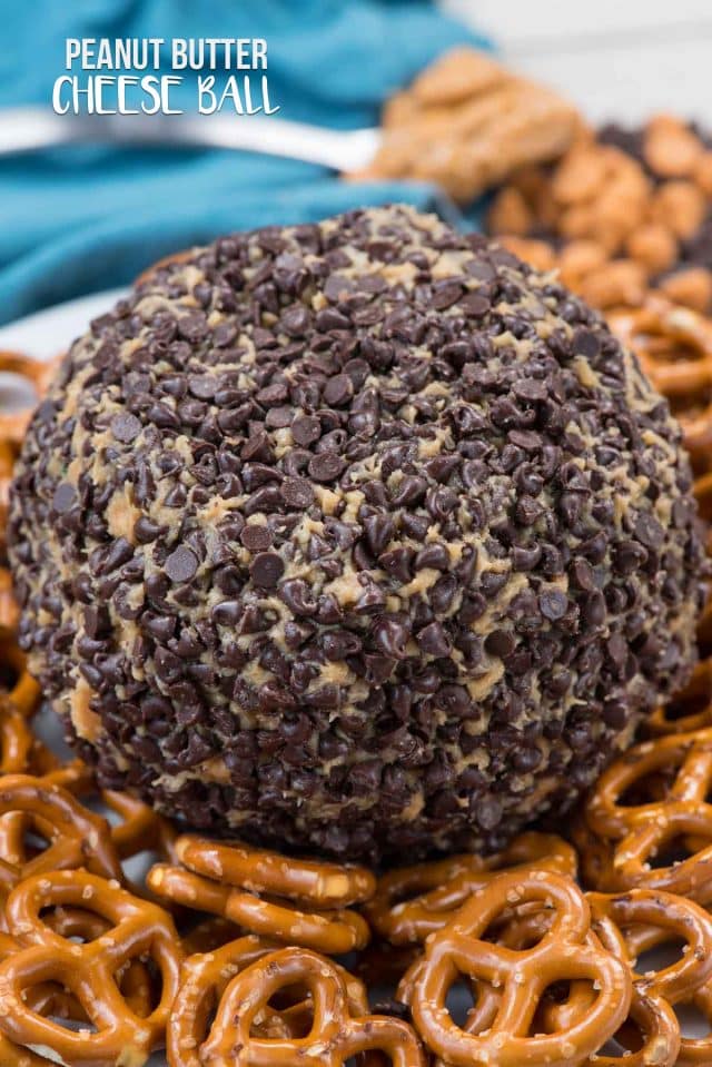 peanut butter cheese ball on plate with pretzels