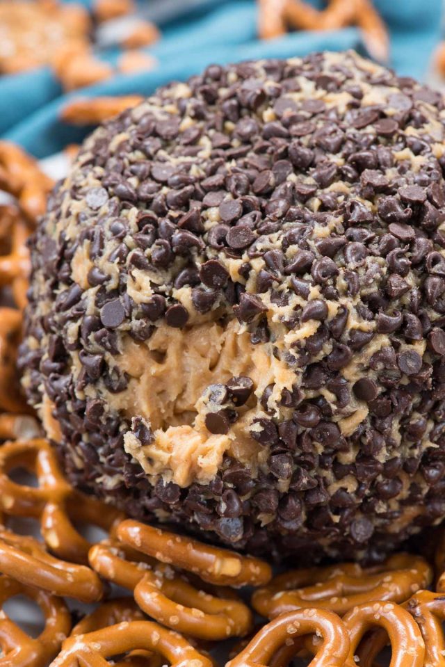 chocolate covered peanut butter cheeseball with bite taken out photo