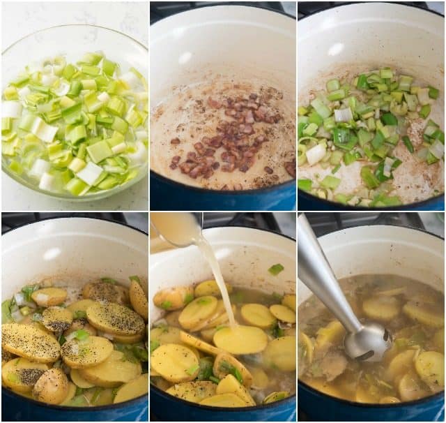 potato leek soup collage of process shots