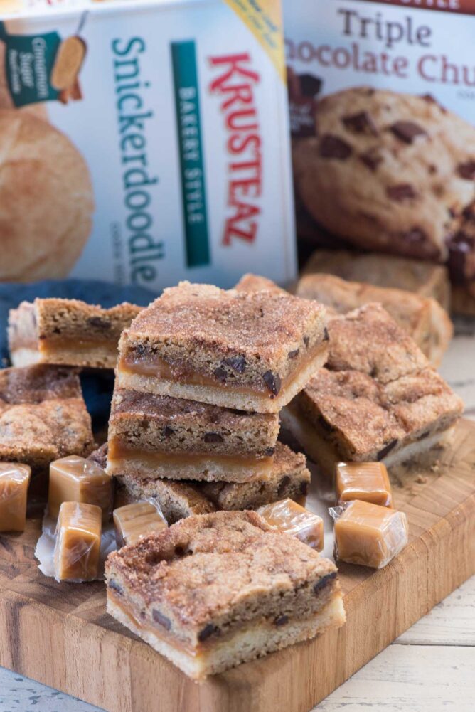 Snickerdoodle Caramel Cookie Bars with Krusteaz box