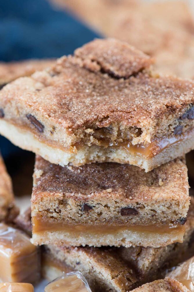 stack of caramel cookie bars